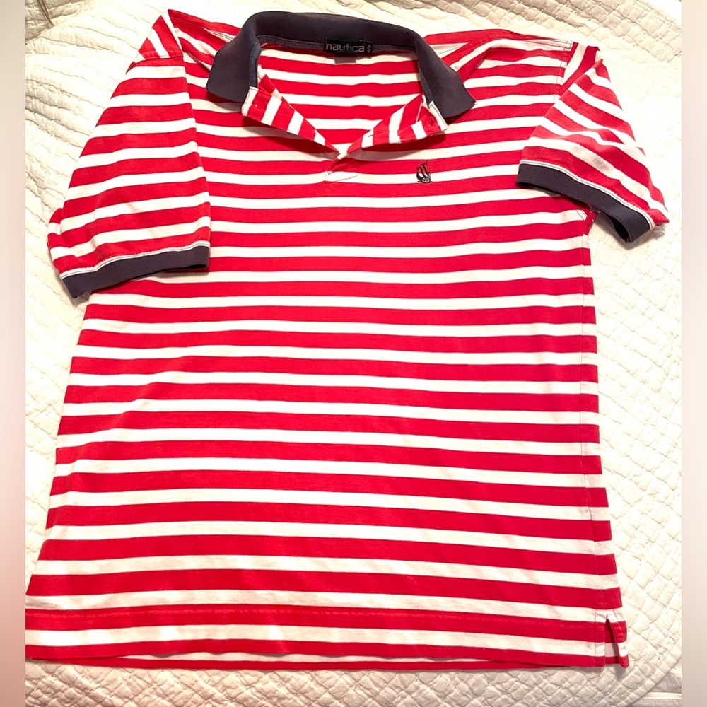 Nautica Men's Size Medium Polo Shirt Red And White Striped Logo Front